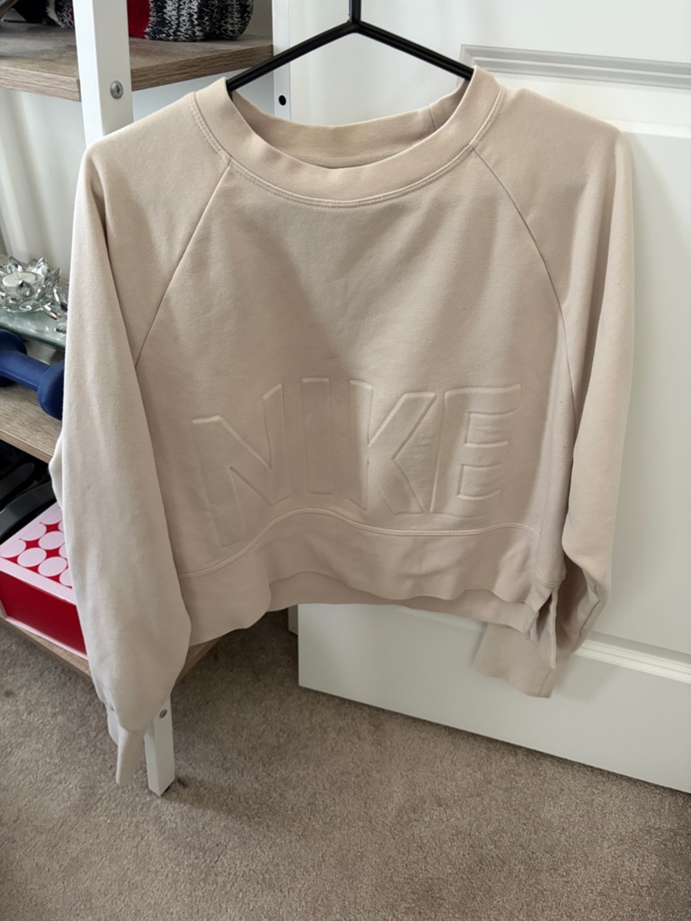 Nike Women's Beige Embossed Logo Cropped Crew Sweatshirt